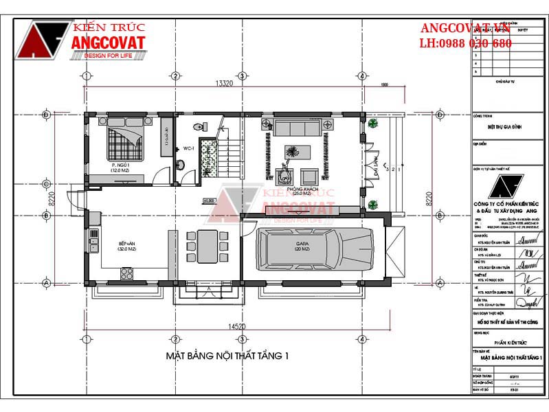 Thiết kế mẫu nhà mặt tiền 8 mét 2 tầng 4 phòng ngủ - Mặt bằng tầng 1