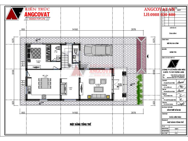 Thiết kế mẫu nhà mặt tiền 8 mét hình chữ L 2 tầng - Tổng mặt bằng