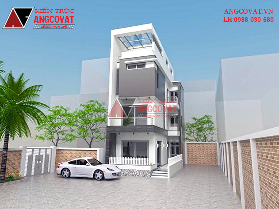 Phối cảnh view 1 thiết kế nhà ống 3 tầng 1 tum gam màu trắng - đen sang trọng