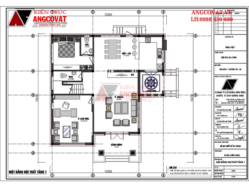 Mặt bằng: Mẫu nhà vuông 2 tầng mái thái đẹp 4 phòng ngủ