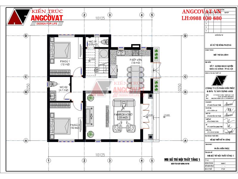 Mặt bằng tầng 1: Các mẫu nhà vuông 2 tầng mái thái đẹp diện tích 100m2
