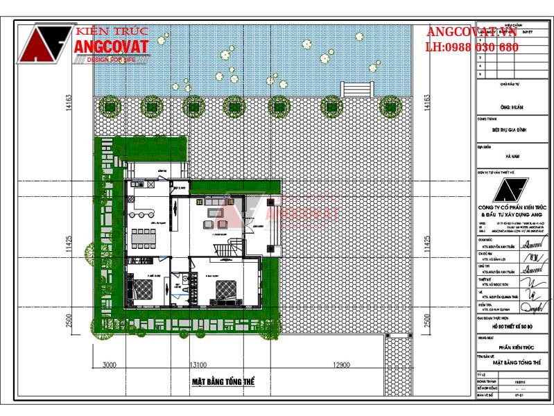 Mặt bằng tổng thể: Thiết kế nhà vuông 2 tầng mái thái đẹp lợp ngói