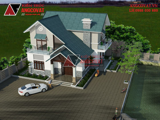 Hình ảnh phối cảnh: Thiết kế nhà vuông 2 tầng mái thái đẹp lợp ngói