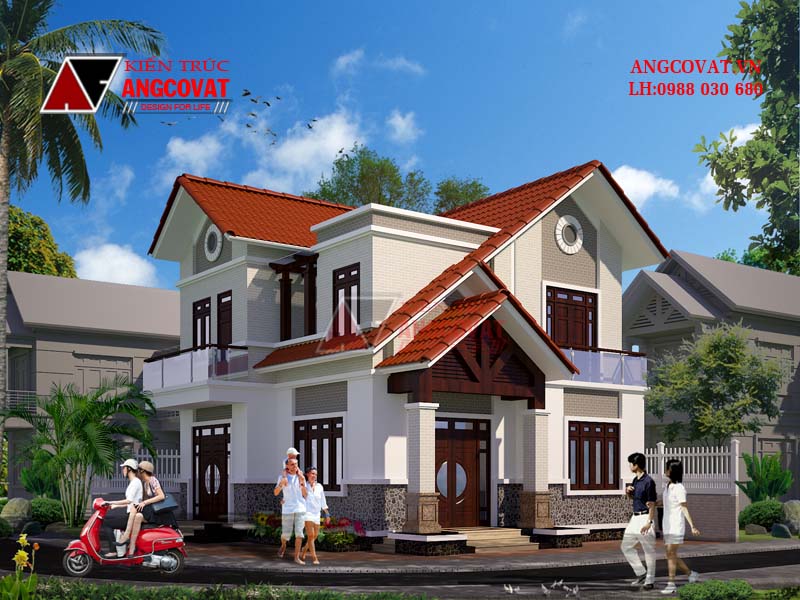 Hình ảnh phối cảnh: Mẫu nhà vuông đẹp 2 tầng mái thái đẹp