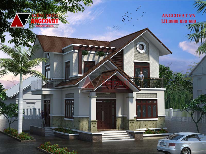 Hình ảnh: Mẫu thiết kế nhà vuông 2 tầng mái thái đẹp mặt tiền 10m