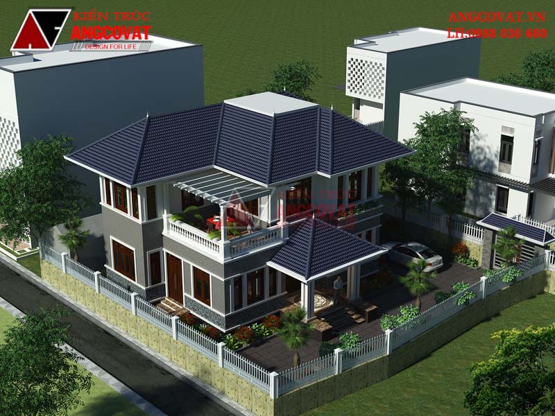 Hình ảnh phối cảnh mẫu nhà vuông 2 tầng mái thái đẹp tại Hưng Yên