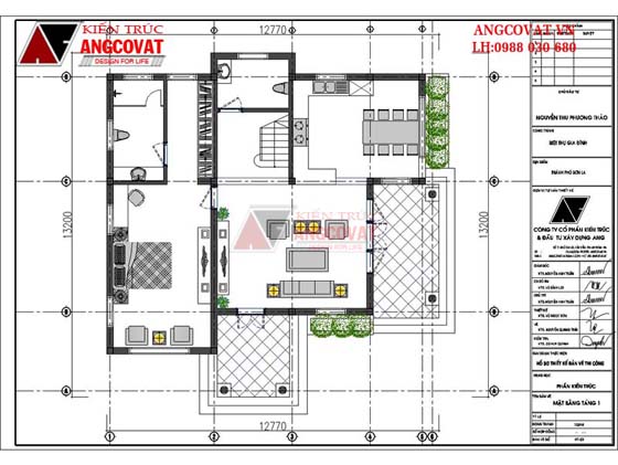 Mặt bằng: Mẫu thiết kế nhà vuông 2 tầng mái thái đẹp tân cổ điển kiểu Pháp