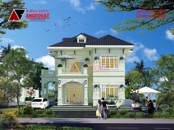 Hình ảnh phối cảnh mẫu thiết kế nhà vuông 2 tầng mái thái đẹp tân cổ điển kiểu Pháp
