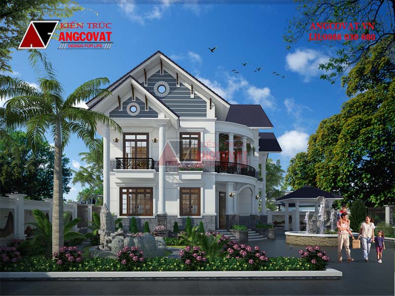 Hình ảnh phối cảnh: Thiết kế mẫu nhà vuông 2 tầng mái thái đẹp tân cổ điển