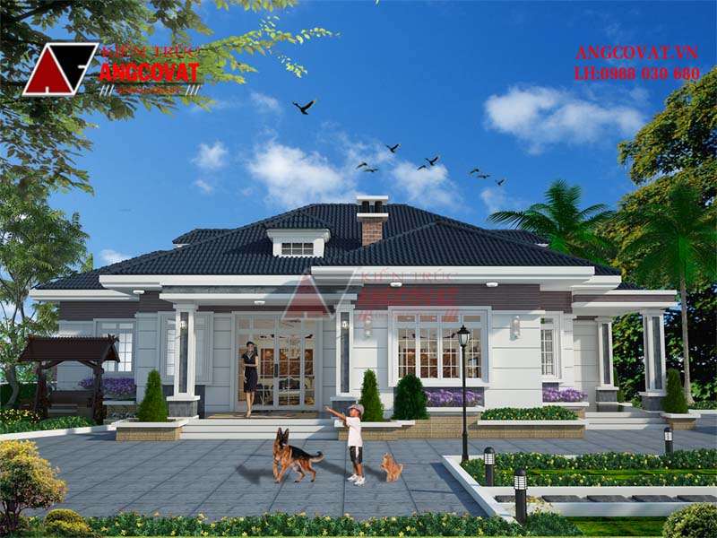 Phối cảnh view1: Thiết kế nhà 1 tầng ở nông thôn diện tích 200m2