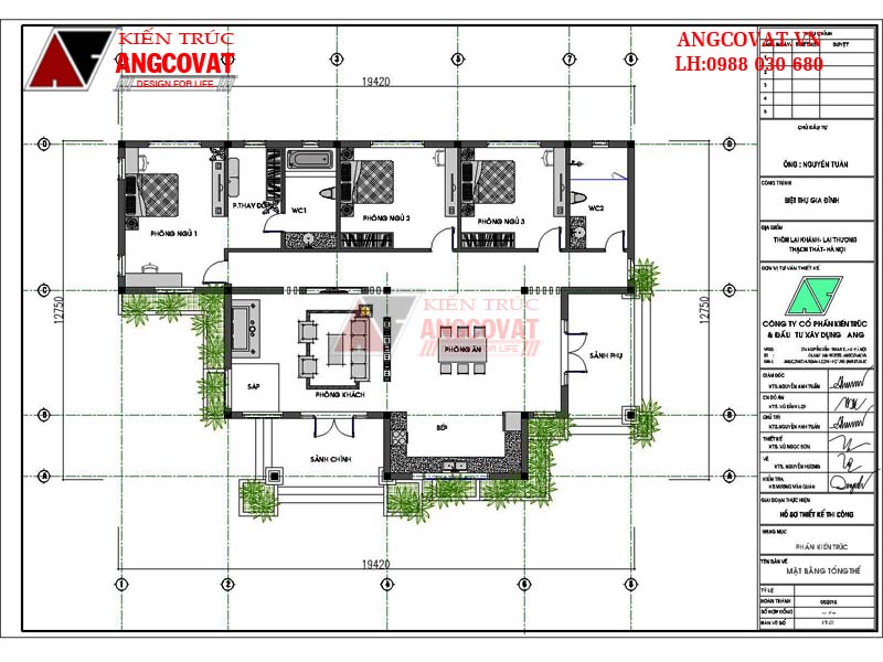 Mặt bằng tầng 1: Thiết kế mẫu nhà 1 tầng ở nông thôn 3 phòng ngủ hiện đại