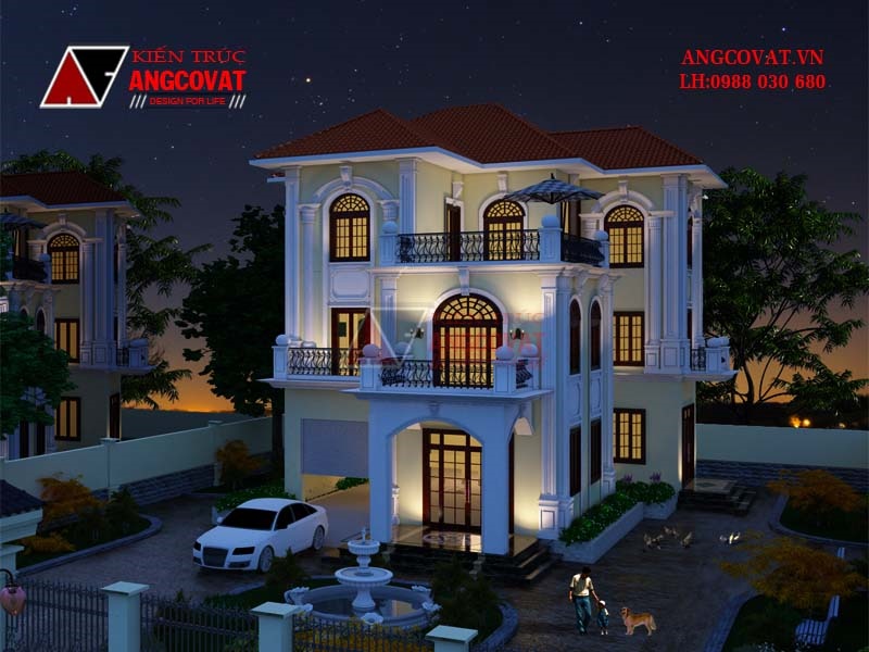 Hình ảnh mẫu thiết kế nhà 3 tầng tân cổ lung linh về đêm