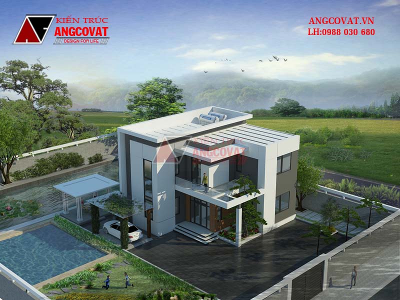 Phối cảnh view 3: Mẫu thiết kế nhà 2 tầng mặt tiền 11m diện tích 100m2 mái bằng hiện đại