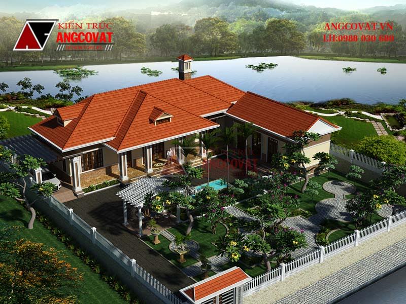 Phối cảnh 3: Mẫu thiết kế biệt thự vườn 150m2 1 tầng mái ngói