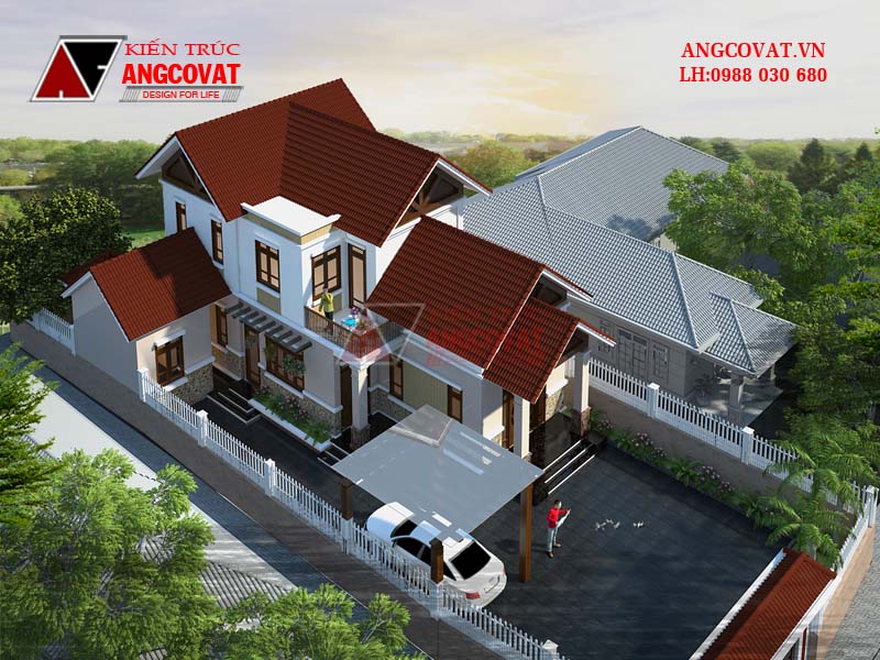 Phối cảnh 3: Mẫu nhà biệt thự 1 5 tầng mặt tiền 8m mái ngói đẹp