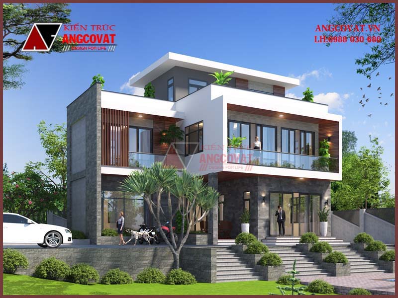 nhà 3 tầng mái bằng với cửa kính trong suốt