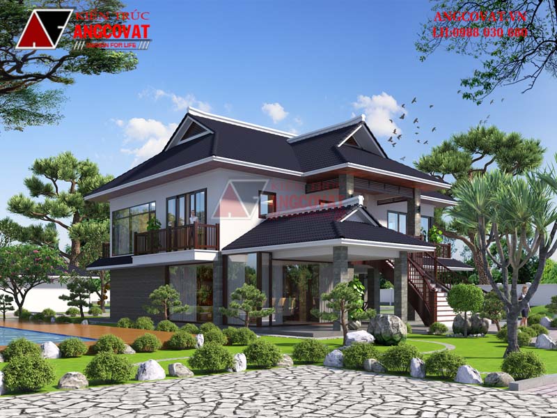 mẫu nhà 2 tầng hình vuông mái thái