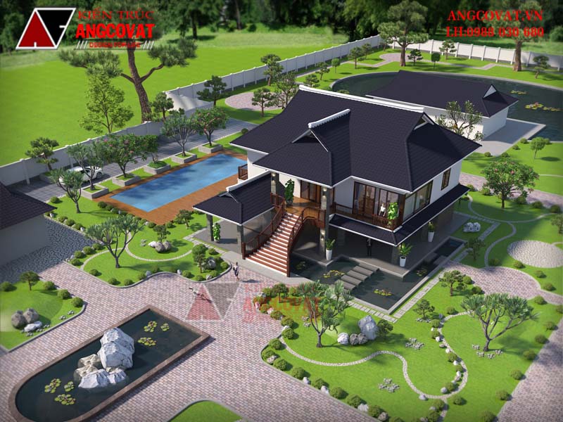 phối cảnh nhà 2 tầng hình vuông mái thái