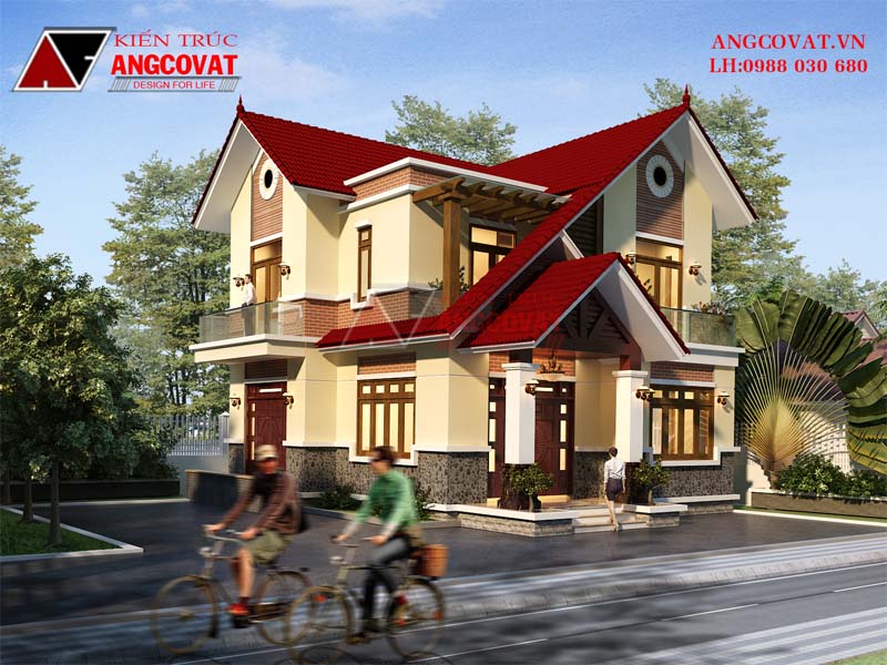 nhà 2 tầng mái ngói đơn giản diện tích 11x11m vuông vắn