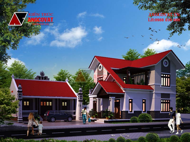 nhà 2 tầng mái ngói kết hợp nhà thờ họ