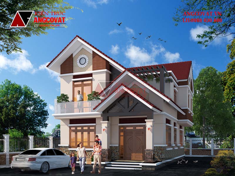 mẫu nhà 2 tầng mái ngói mặt tiền 8,5m