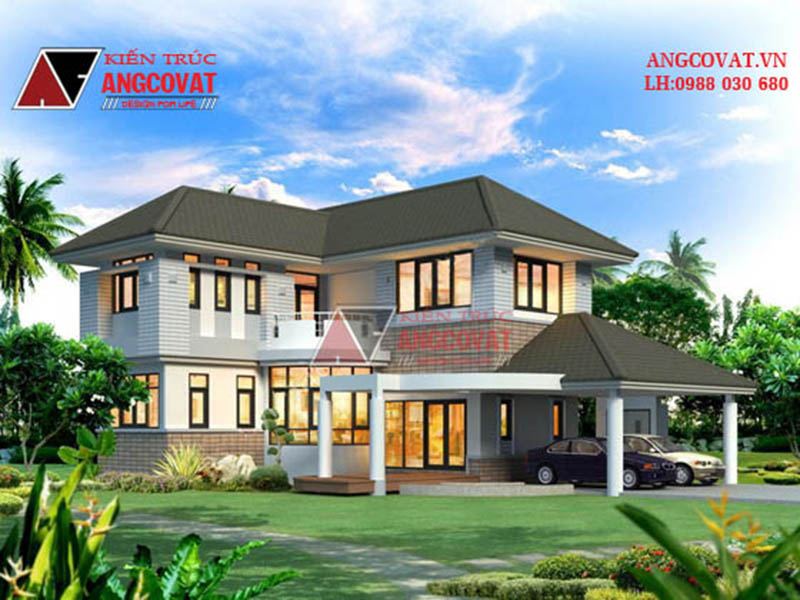 thiết kế nhà 2 tấng mái thái 5 phòng ngủ có sân vườn