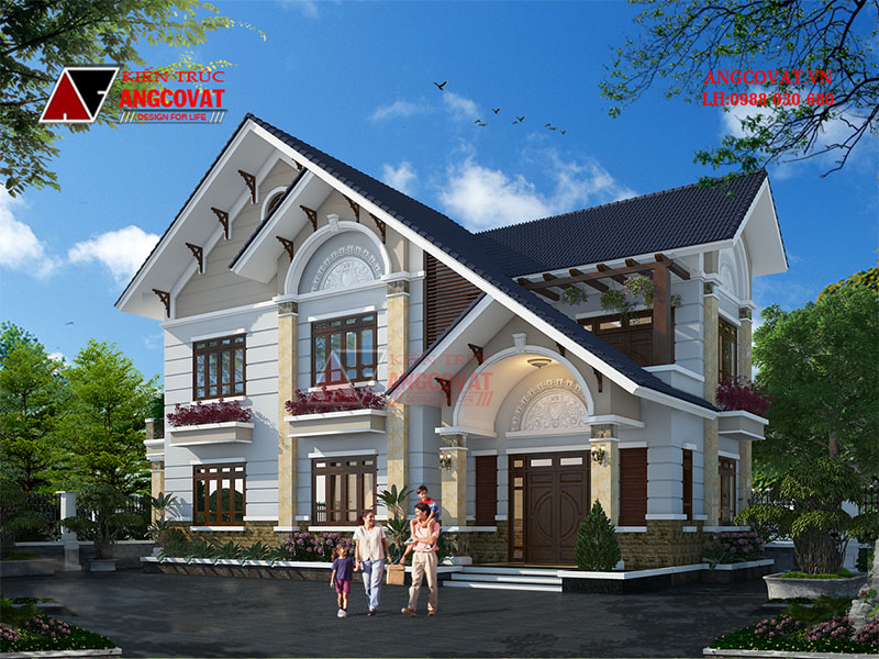 Mẫu nhà 2 tầng mái thái 5 phòng ngủ châu âu