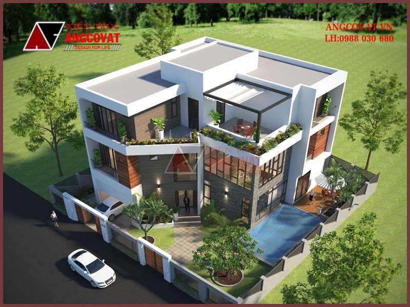 tổng thể nhà 3 tầng mái bằng 2 mặt tiền