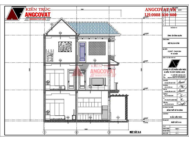 mặt đứng A-A ngôi nhà 60m2 3 phòng ngủ