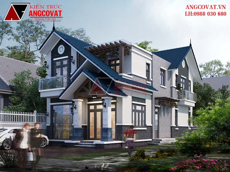 mẫu nhà biệt thự 2 tầng mái dốc mặt tiền 7m