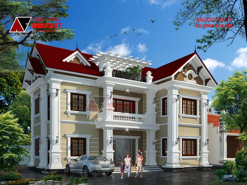 mẫu nhà biệt thự 2 tầng mái dốc bán cổ điển sang trọng