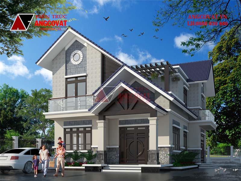 Ngoại thất nhà biệt thự mái lệch 2 tầng 4 phòng ngủ mini đẹp