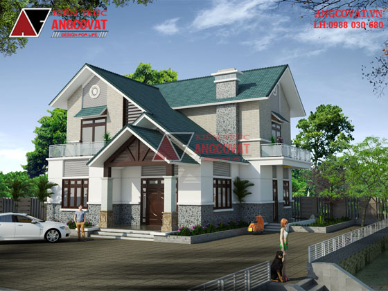 Ngoại thất mẫu nhà biệt thự mái lệch 2 tầng 5 phòng ngủ đẹp