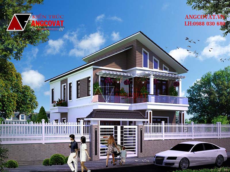 Thiết kế mẫu nhà biệt thự mái lệch 2 tầng diện tích 100m2 4 phòng ngủ