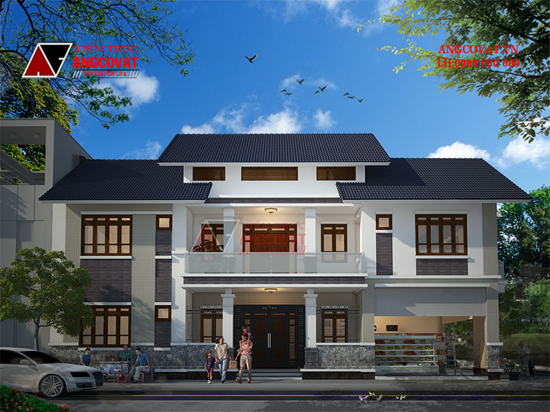 Phối cảnh nhà biệt thự mái lệch 2 tầng kết hợp buôn bán