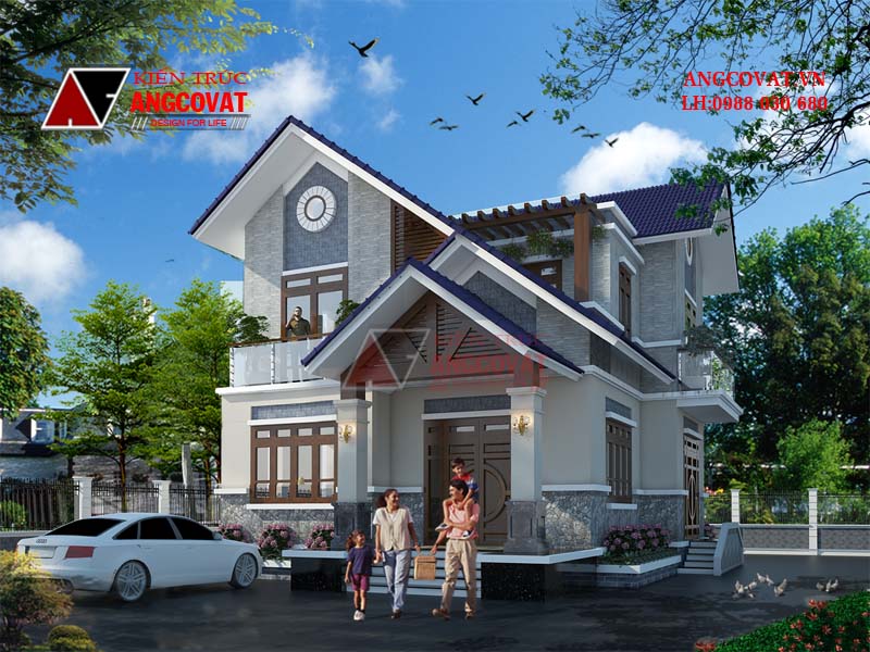 Thiết kế nhà biệt thự mái lệch 2 tầng kích thước 9x15m