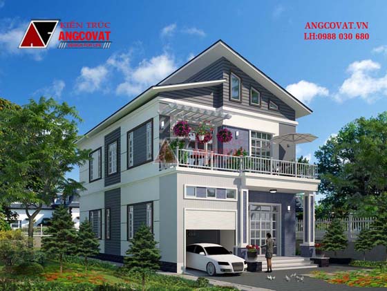 Thiết kế nhà biệt thự mái lệch 2 tầng mặt tiền 8m đẹp 4 phòng ngủ