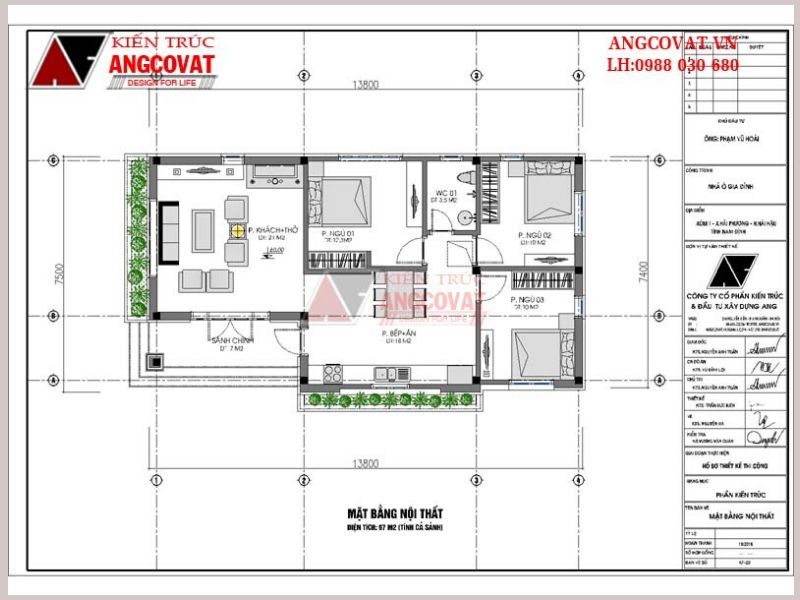Mặt bằng công năng nhà cấp 4 có 3 phòng ngủ và 1 phòng thờ nhỏ gọn
