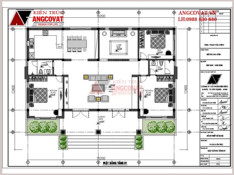 Mặt bằng công năng nhà cấp 4 có 3 phòng ngủ và 1 phòng thờ 180m2