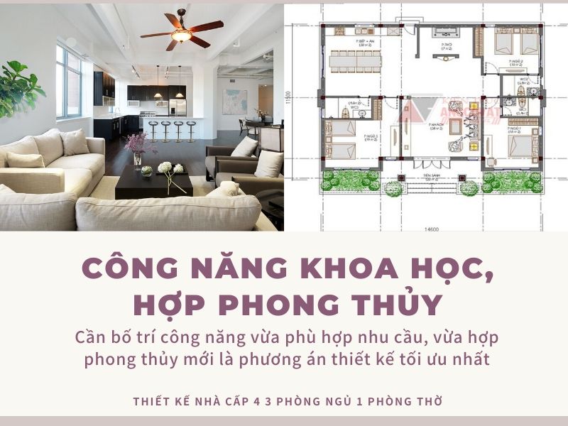 bố trí công năng nhà cấp 4 có 3 phòng ngủ và 1 phòng thờ tiện nghi