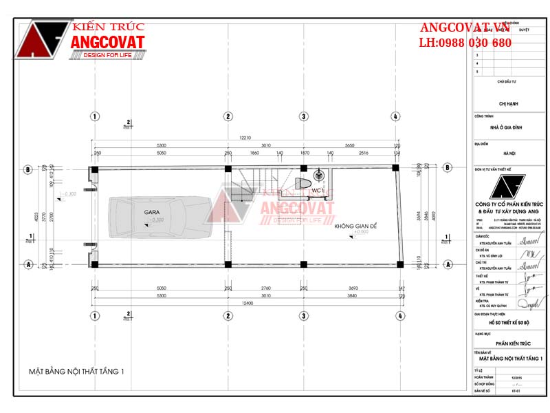 Bản vẽ mặt bằng tầng 1 nhà phố 4 tầng 4x12m đẹp