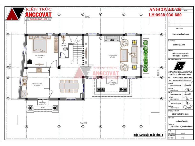 Bố trí nội thất tầng 1 cho mẫu nhà kiểu Pháp 2 tầng 1 tum rộng 120m2