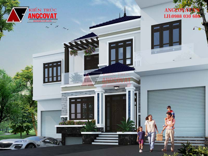 Phối cảnh nghiêng của bản thiết kế nhà phố chiều rộng 7m