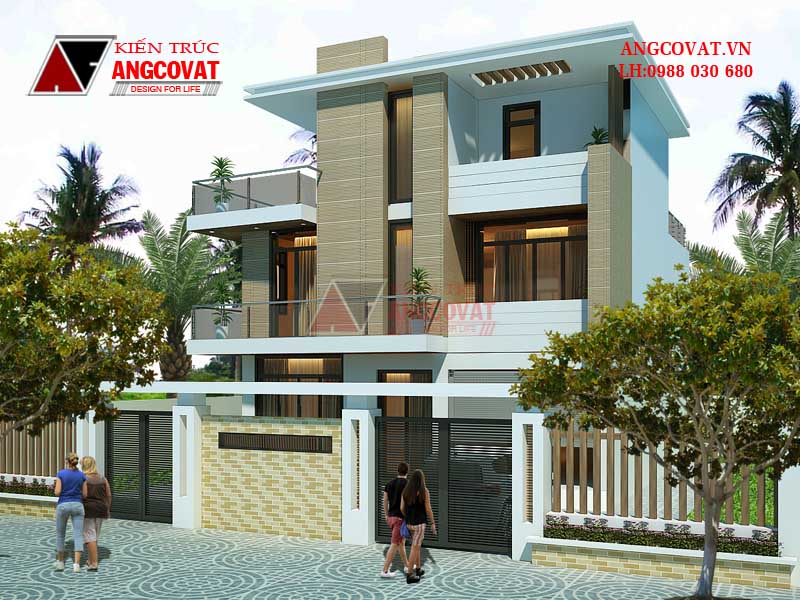 Ngoại thất bản thiết kế nhà chiều ngang 9m phối màu tươi sáng, nhã nhặn