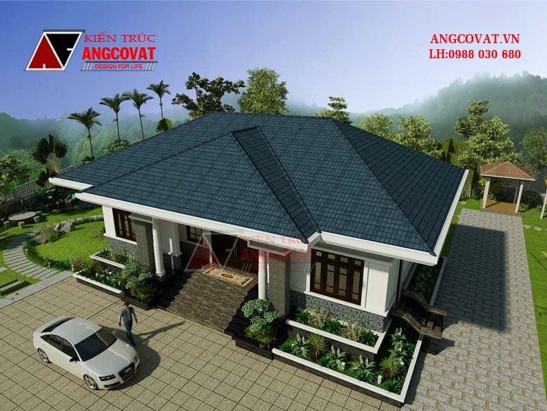 Phối cảnh 2: Mẫu thiết kế nhà cấp 4 có phòng thờ 2 phòng ngủ diện tích 140m2