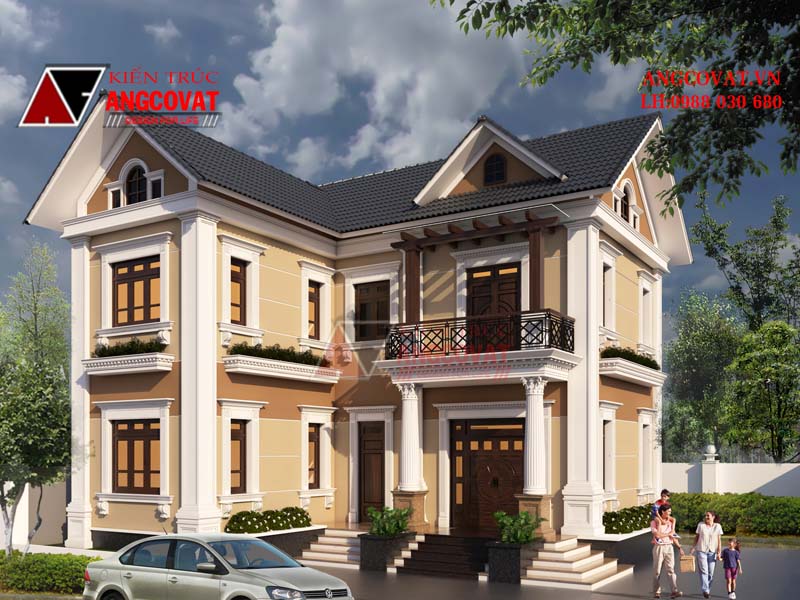 Ngoại thất nổi bật của bản vẽ thiết kế nhà 2 tầng 1 tum hình chữ l