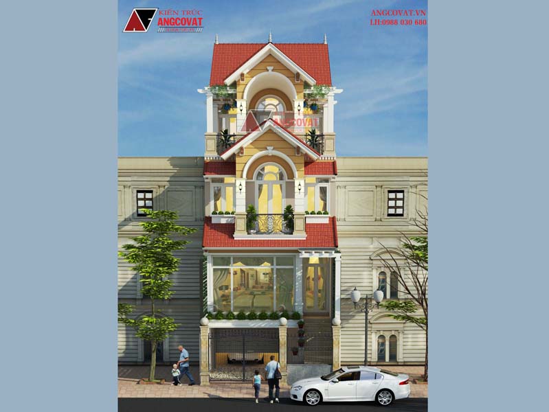 Phối cảnh view 1: Thiết kế nhà phố 4 tầng mặt tiền 6m diện tích 90m2 kiến trúc tân cổ điển