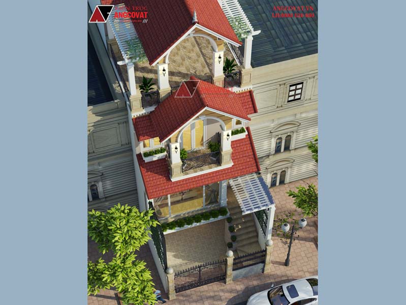 Phối cảnh view 3: Thiết kế nhà phố 4 tầng nổi bật vời hệ thống mái dốc lợp ngói xinh đẹp