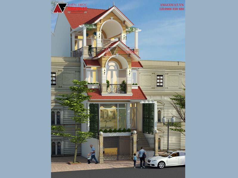 Phối cảnh view 4: Thiết kế nhà phố 4 tầng sử dụng hệ thống cửa kính xinh đẹp, độc đáo