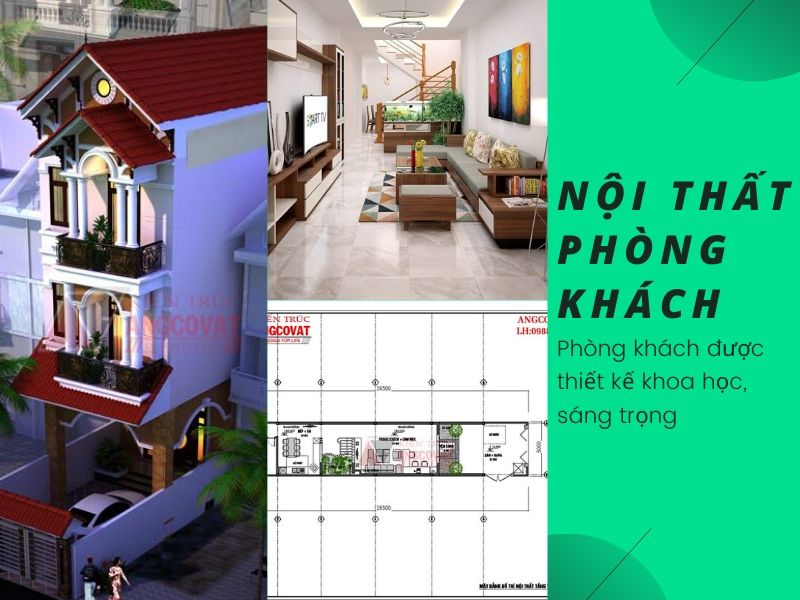 Không gian phòng khách rộng rãi trong mẫu nhà ống 3 tầng lợp ngói đỏ